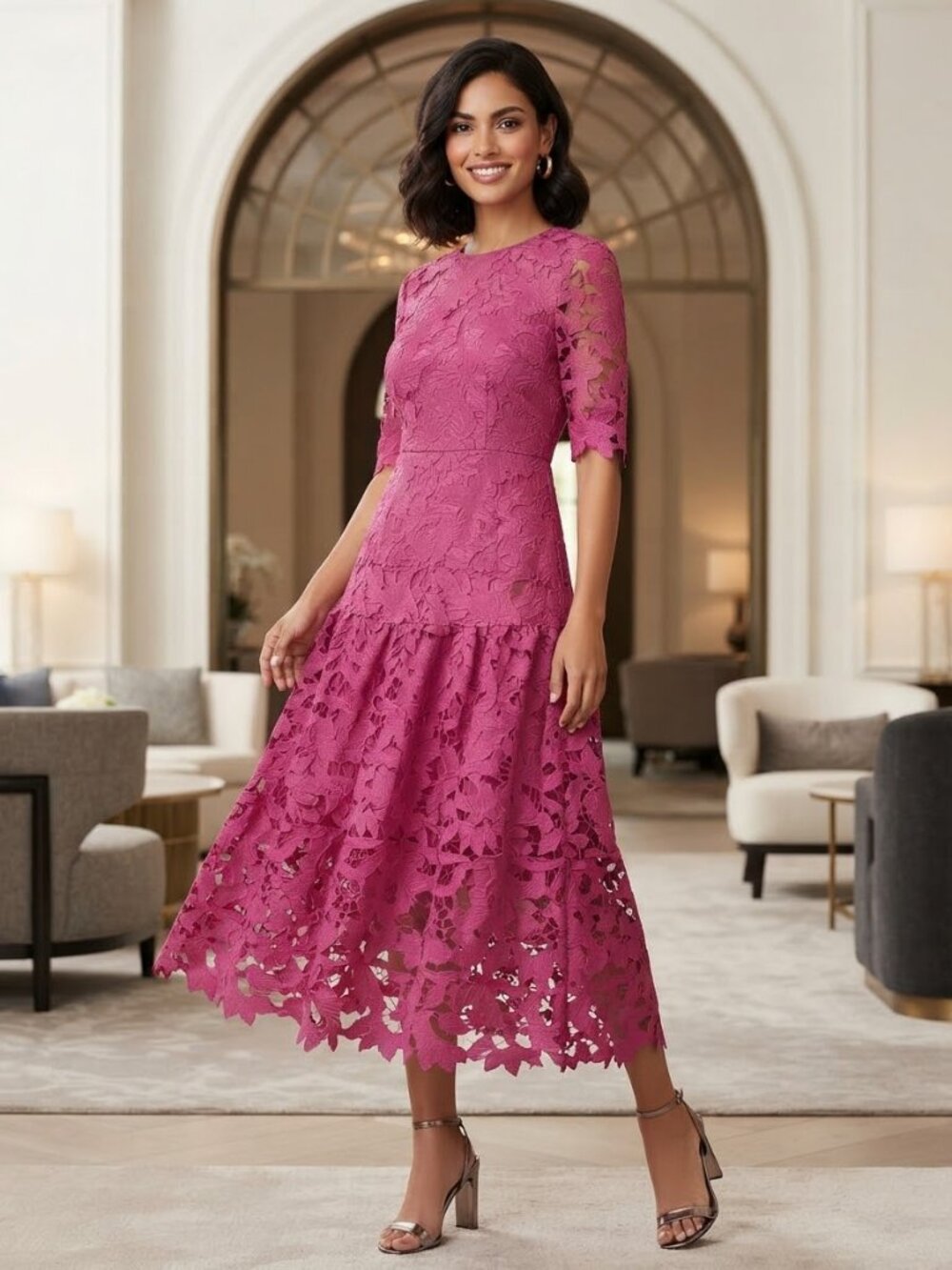 Dalia Fuchsia Lace Long Dress Size Medium Ideal for Weddings, Formal Occassions